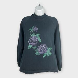 Vintage Black Sweatshirt Distressed Painted Shimmer Purple Roses Goth S/M Womens
